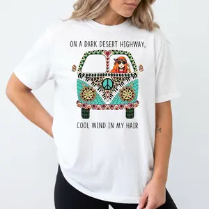 "Dark Desert Highway" Graphic Tee |   Bohemian Hippie Bus Illustration T-Shirt |   Soft Breathable All-Season Fabric |   Vibrant Plus Size Desert Scene Women's Top