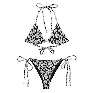 Black White Animal Print Bikini, Eco-Friendly Swimwear, Monochrome Leopard String Bikini, Floral Bikini, Micro String Multi-Wear Top Bikini