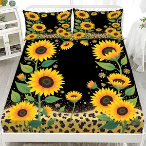 Fitted Sheet 3-Piece Set - 2D Flat Sunflower Pattern Mattress Cover (1 fitted sheet + 2 pillowcases, no insert), stylish, soft, and comfortable sheets, skin-friendly and breathable bedding, suitable for family bedrooms and guest rooms, all year round.