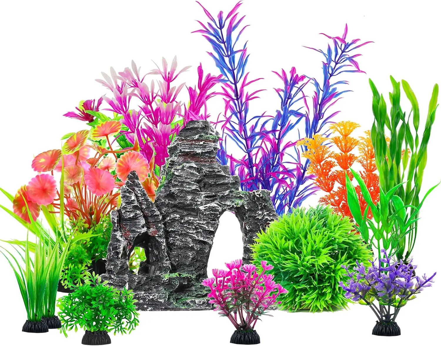 13-Piece Aquarium Artificial Plastic Plants & Rock Cave Decor Set, Aquarium Supplies, Fish Decorations for Tank with Natural Mimicry, Varied Styles to Boost Aesthetics & Clean Living Environment for Goldfish, Betta Fish Bowls