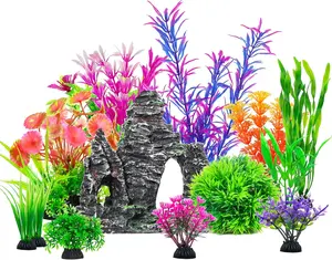 13-Piece Aquarium Artificial Plastic Plants & Rock Cave Decor Set, Pet Fish Tank Accessories with Natural Mimicry, Realistic Look, Varied Styles to Enhance Aesthetics for Goldfish, Betta Fish Bowls