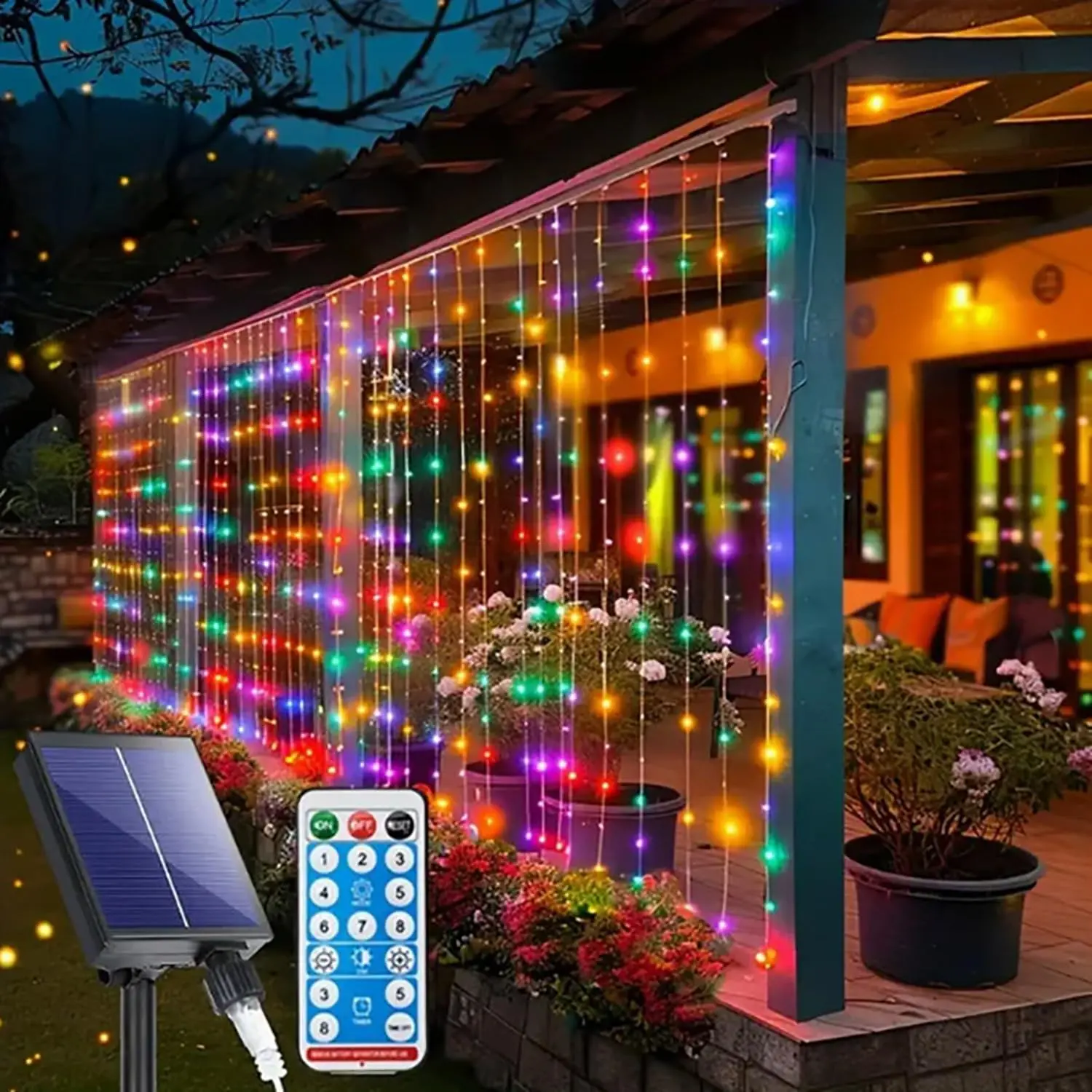 Solar Curtain Lights Outdoor Waterproof, 300 LED Fairy Waterfall String Lights, Solar & USB-C Rechargeable with Remote Control, 8 Modes Twinkle Lights for Patio Garden Wedding Backyard Christmas Decor (9.8x9.8FT, Colorful)