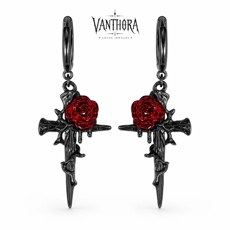 [VA RA] Red Rose Cross Drop Earrings for Men Women, Black Gothic Thorn Hoop Dangle Earrings, Punk Y2K Streetwear Statement Ear Jewelry, Daily Party Concert Birthday Holiday Gift for Him Her