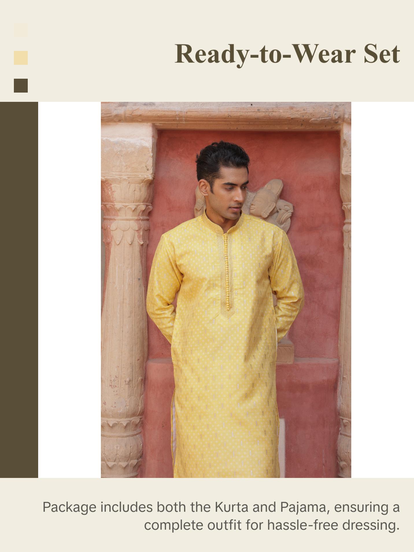 Men Elegant Yellow Kurta Set - Traditional Indian Wear - Festival and Wedding wear