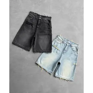 men's summer hip-hop ripped denim shorts black punk washed loose work shorts retro fringed casual streetwear denim men's wear
