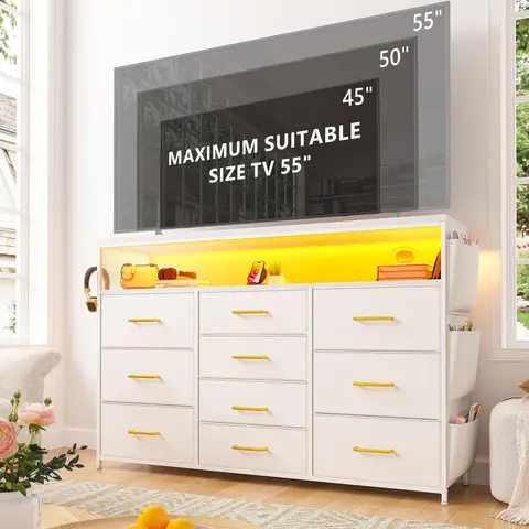 【Living Room Decoration】Raybee 7/10 Drawers Dresser for Bedroom with Wood Open Shelves, 55" TV Stand with Power Outlets & LED Lights, Fabric & Chest of Drawers