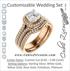 CZ Wedding Set, featuring The Mia Sofia engagement ring (Customizable Cathedral-Halo Cushion Cut Style with Wide Split-Pavé Band)