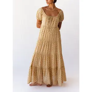 Woman Floral Puff Sleeve Maxi Dress Square Neck Ruffle Flowy Long Dresses Boho Tiered A Line Summer Sundress