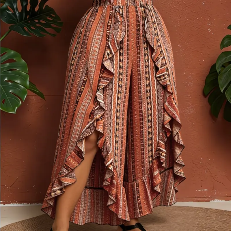 Plus-Size Women's Ethnic Print Pants, Ruffle-Trim Split-Hem Boho Style Trousers with Elastic Waist for Daily Wear, Holidays and Summer Vacations
