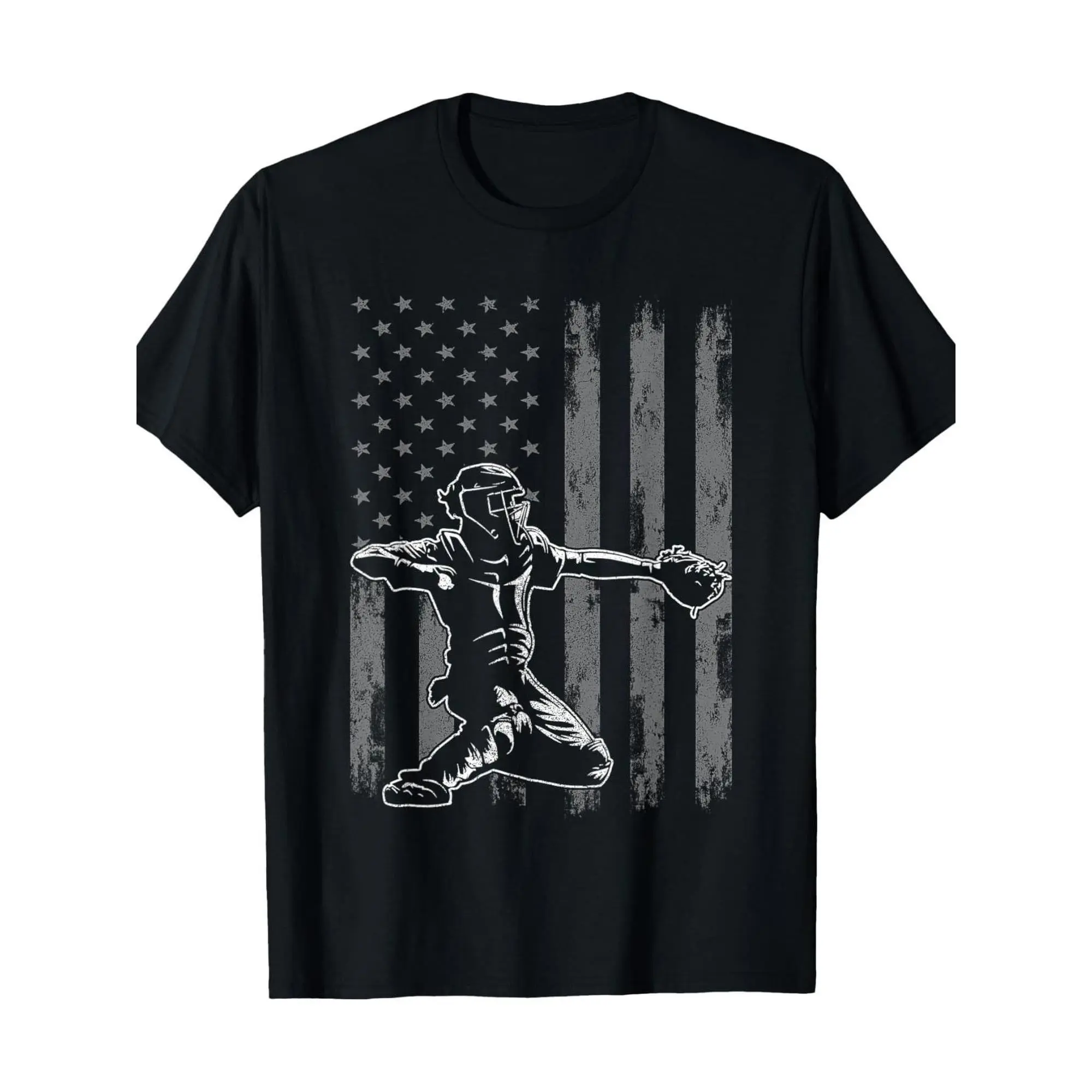 Cotton Short Sleeve  T-Shirt Baseball Catcher Shirt For Men, Baseball USA Flag T-Shirt Cotton