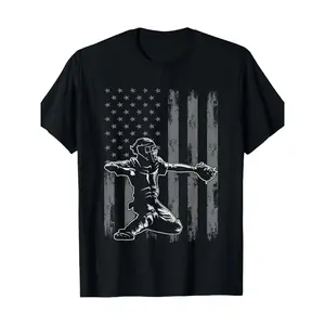 Cotton Short Sleeve  T-Shirt Baseball Catcher Shirt For Men, Baseball USA Flag T-Shirt 100% Cotton