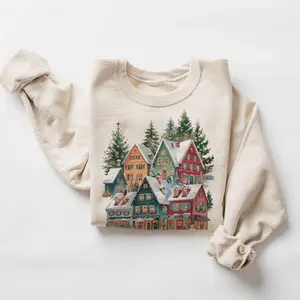 Retro Bavarian Christmas Village Shops Sweatshirt - 90s Vintage Decorated Pine Trees Snowman and Deer Cotton