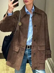 Women's Loose-Fit Vintage Faux Suede Jacket, Autumn Winter Fashion Essential, Casual Outerwear for Daily Wear