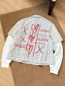 Y2K Style Unisex Layered Plaid Shirt, "Love Always Wins" Graffiti Design, Short Sleeve Over Long Sleeve Top For Casual Outings & Street Fashion