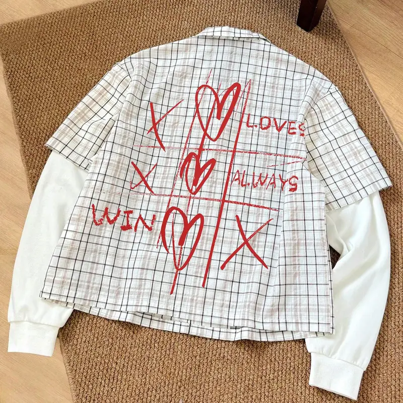Y2K Style Unisex Layered Plaid Shirt, "Love Always Wins" Graffiti Design, Short Sleeve Over Long Sleeve Casual Graphic Top For Casual Outings & Street Fashion