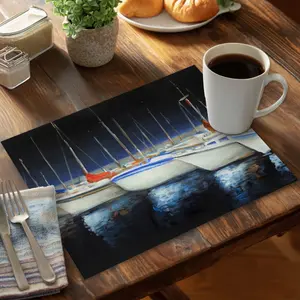 360 stand Polyester Placemats & Coasters Set of 6, 14x18 in, Stylish Fishing Boats At the Marina Design, Kitchen Tableware for Beach & Home Decor, Coasters Home Decor, Coasters For Drinks