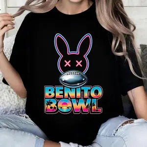 100% pure cotton Black T Shirt With Neon Bunny And Football Benito Bowl Print For Casual Wear B