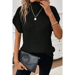 Black Ribbed Turtleneck Textured Short Sleeve Sweater