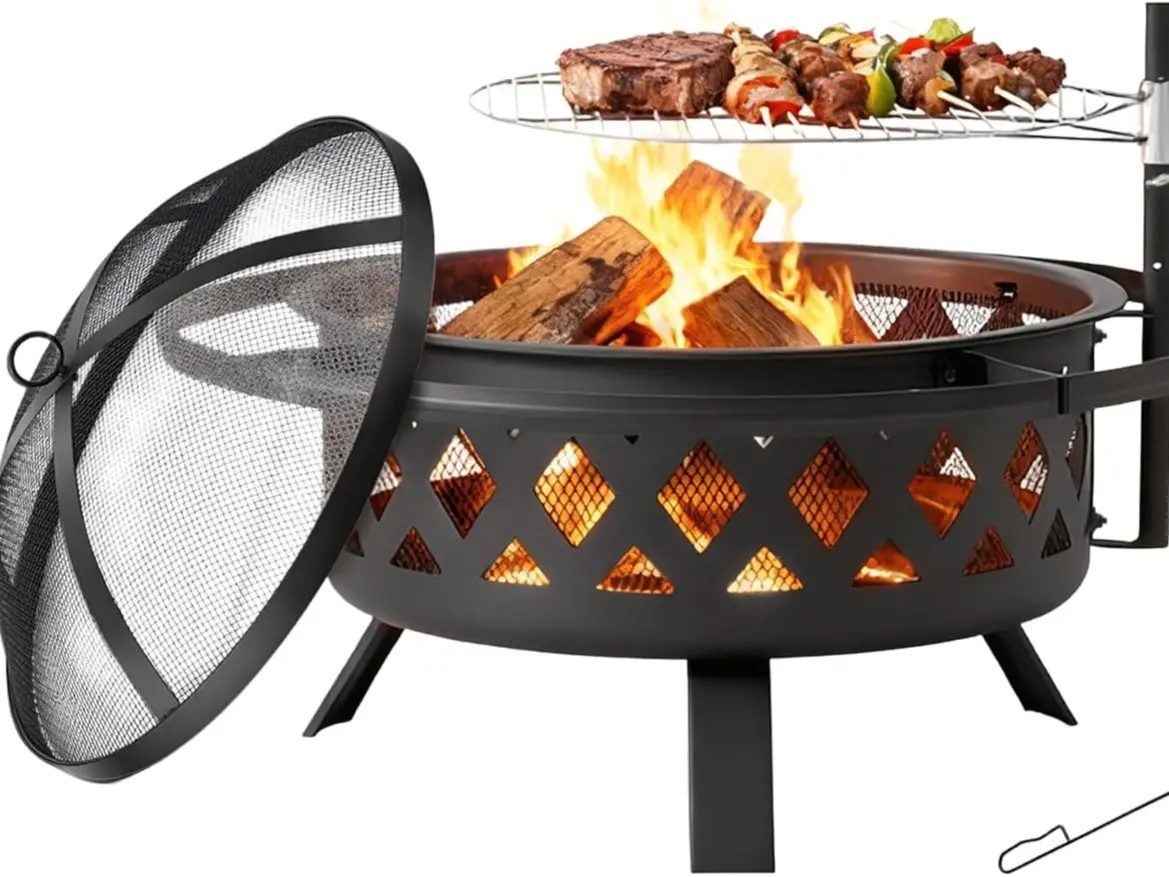 Aoxun Outdoor Fire Pit with Grill, Steel Fire Bowl for BBQ Camping Picnic,Garden Patio Heater Charcoal Log Wood Burner for Outside Patio, Backyard, Camping Portable Fire Pit Fire Pit Set