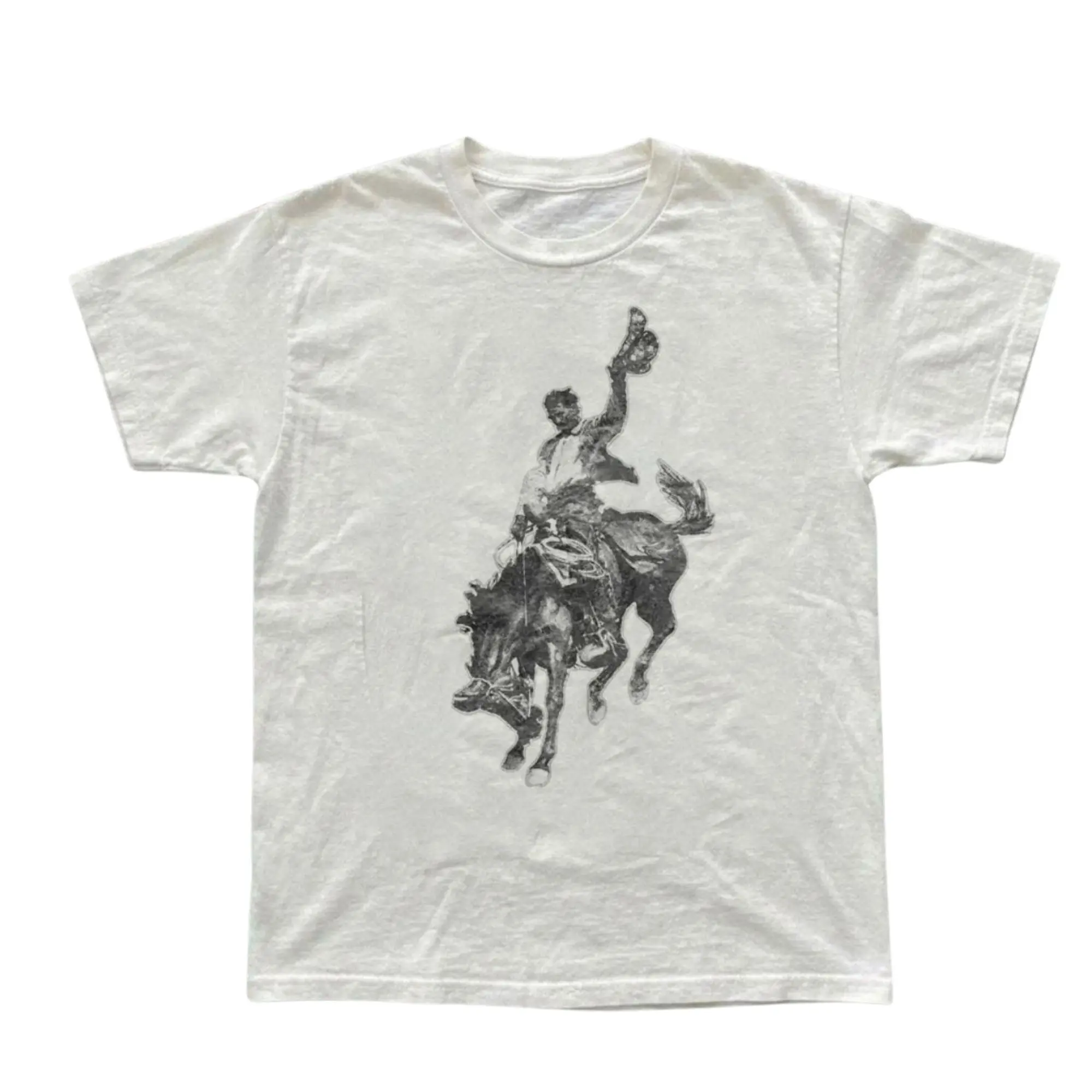 Vintage Western Cowboy Waving Hat Riding Bucking Bronco Graphic T-Shirt, Distressed Charcoal Ink Horse Rodeo Sketch Art Print, Unisex White Heavyweight Streetwear Tee, Country Outfit