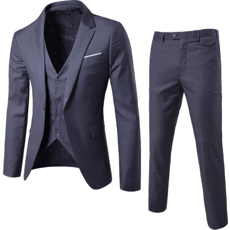 Men's Suit Set Three-Piece Casual Solid Color Slim Fit Formal Suit Groom Stylish Wedding Suit Trendy