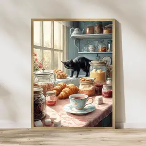 Whimsical Black Cat with Pastries Art, Farmhouse Kitchen Art, Animal Wall Art, Black Cat Kitchen Poster, Kitchen Wall Decor, Unframe