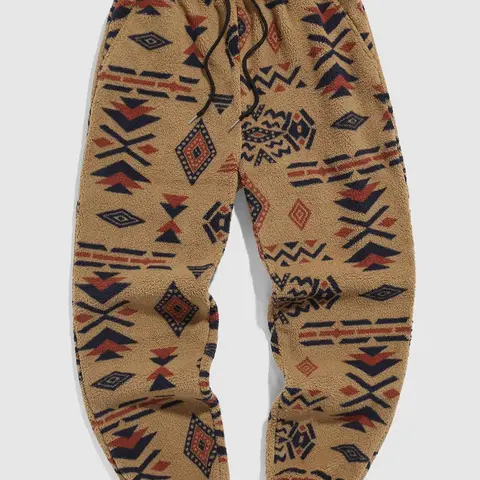 Men's Random Ethnic Pattern Drawstring Waist Thermal Pants, Casual Loose Fit Pocket Design Trousers, Bohemian Street Trousers, Boho Trousers, Casual Trousers for Fall & Winter, Men's Bottoms for Daily Wear, Streetwear, Casual Streetwear Clothing