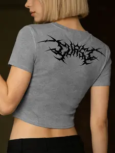 Women's Gothic Thorn Print Short Sleeve Crop Top, Summer Quick Dry Breathable Sports Tee, Casual Gym Yoga Running Shirt