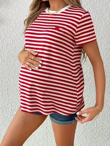 Maternity Short Sleeve Stripe T-Shirt with Heart Pattern - Casual Style for Maternity Wear cute outfits