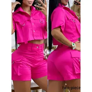 Two-piece Set Women's Solid Button Front Crop Top & Shorts Set, Casual Short Sleeve Collared Top & Shorts for Summer, Ladies Clothes for Daily Wear
