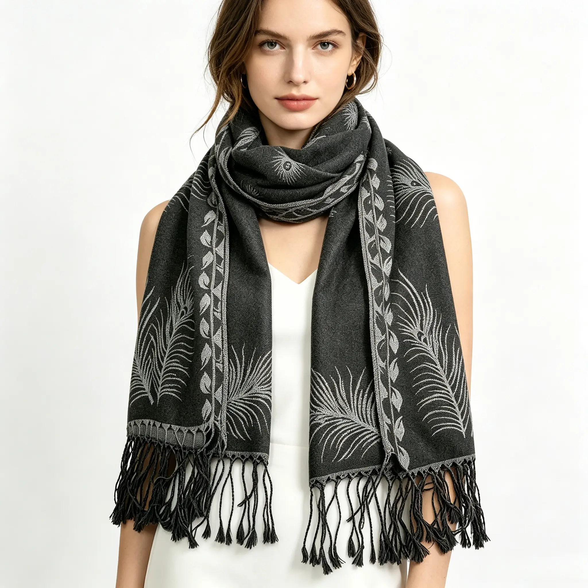 Peacock Feather Pashmina Shawl Wraps for Women - Reversible Black Jacquard Scarf, Soft Lightweight Blanket Scarves, Elegant Shawl for Evening Dresses, Wedding, Travel & All Seasons