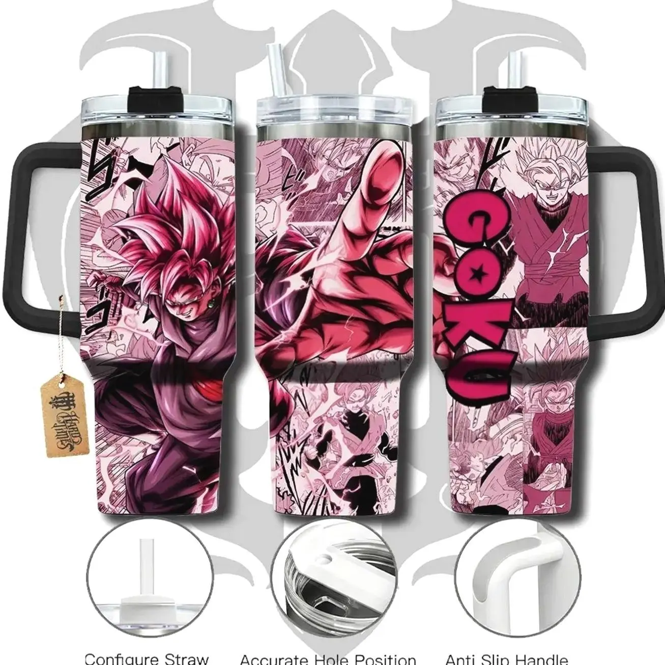 40oz Black Rose DBZ Anime Stainless Steel Tumbler - Insulated, Portable Beverage Cup with Handle, Straw, Lid, Washable Travel Mug, Otaku Gift, Customizable Personal Drinkware
