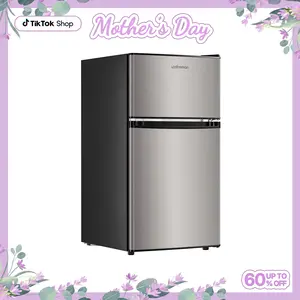 Upstreman mini fridges 3.2 Cu.Ft with Freezer Double Door Adjustable Thermostat Stainless-SD321/BD321 Quiet Efficient LED Light Removable Shelves Crisper Drawer for Dorm Office Bedroom