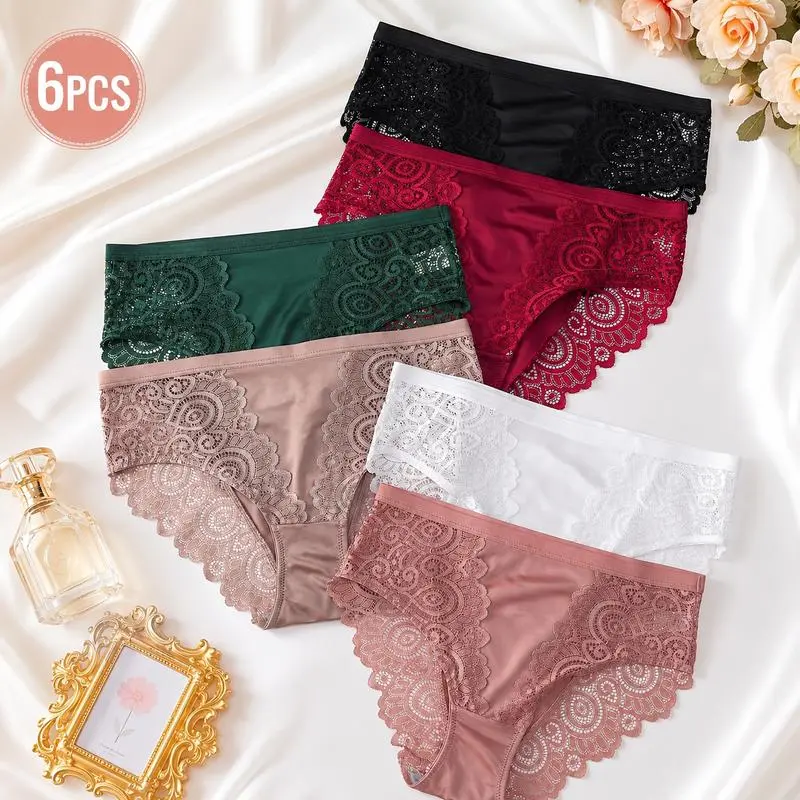 6-Pack Women's Satin Lace Briefs - Breathable Silk Smooth Panties Mid Rise Scalloped Trim Underwear Pack,Secure Fit, S-XL, Everyday, Soft, Breathable, Stretchy, Durable, Ultra-Soft, Ultra-Soft Fit