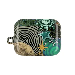 Retro Cosmic AirPods Case – Vintage Sun & Star Pattern, Whimsical Trippy Y2K Aesthetic with Spiral Illusion Design, Protective Cover with Keychain Clip, Stylish AirPods Accessory, Perfect Gift for Him & Her