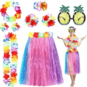 8 Pcs Hawaiian Hula Grass Skirt with Pineapple Sunglasses Flower Bikini Top Accessories for Women Luau Party Decors