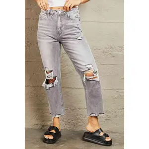 BAYEAS High Waisted Washed Charcoal Cropped Straight Jeans