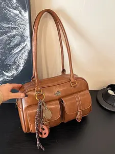 BIGWIG Women's Elegant Solid Color Shoulder Bag, Fashionable Pu Leather Bag for Daily Used, Leather Satchel, Casual Trendy Versatile High-quality Daily Commuting Bag, Unique Gifts for Women