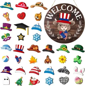 Highland Cow Sign Interchangeable Welcome Sign with Magnet Detachable Hats Cute Cattle Hanging for Summer Holiday Seasonal Western Cow Decorations Birthday Home Wall Living Room Garden Cattle Farmhouse Porch Frontdoor Decor, Gift for Cow Lover