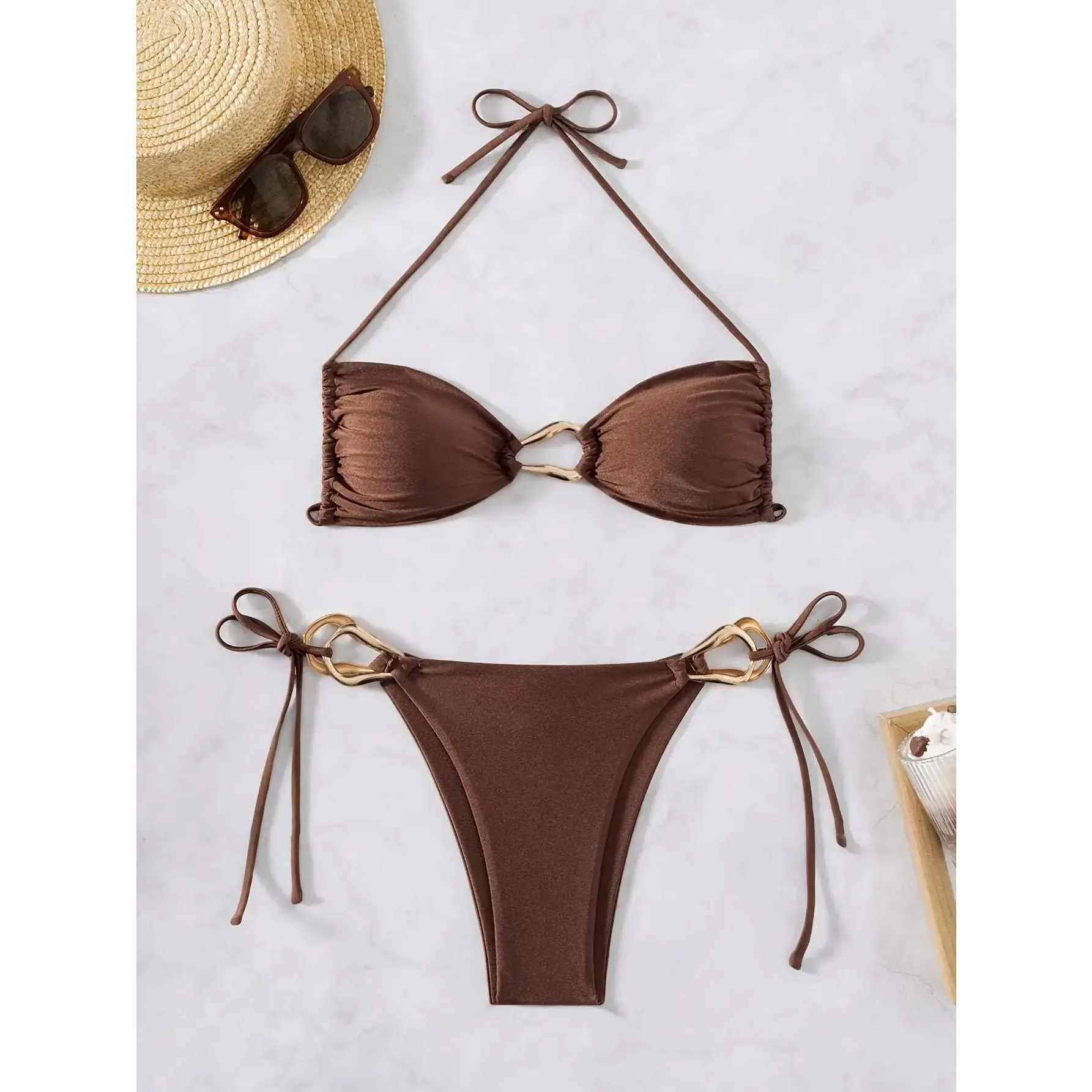 Brown Halter Neck Bikini Top with Bow Detail - Plain Design for Summer Beachwear - Brown Halter Neck Bikini Top with Bow Detail for Stylish Sun-Kissed Days bathing suit back swim tie bikini set outfit bottom beach swimsuit