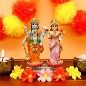 Vishnu Lakshmi Statue Decor - 4.7 Inch Lord Vishnu W/Laxmi Mata Indian Diwali Pooja Decor with Floral Accents for Home, Office & Murti Gifts