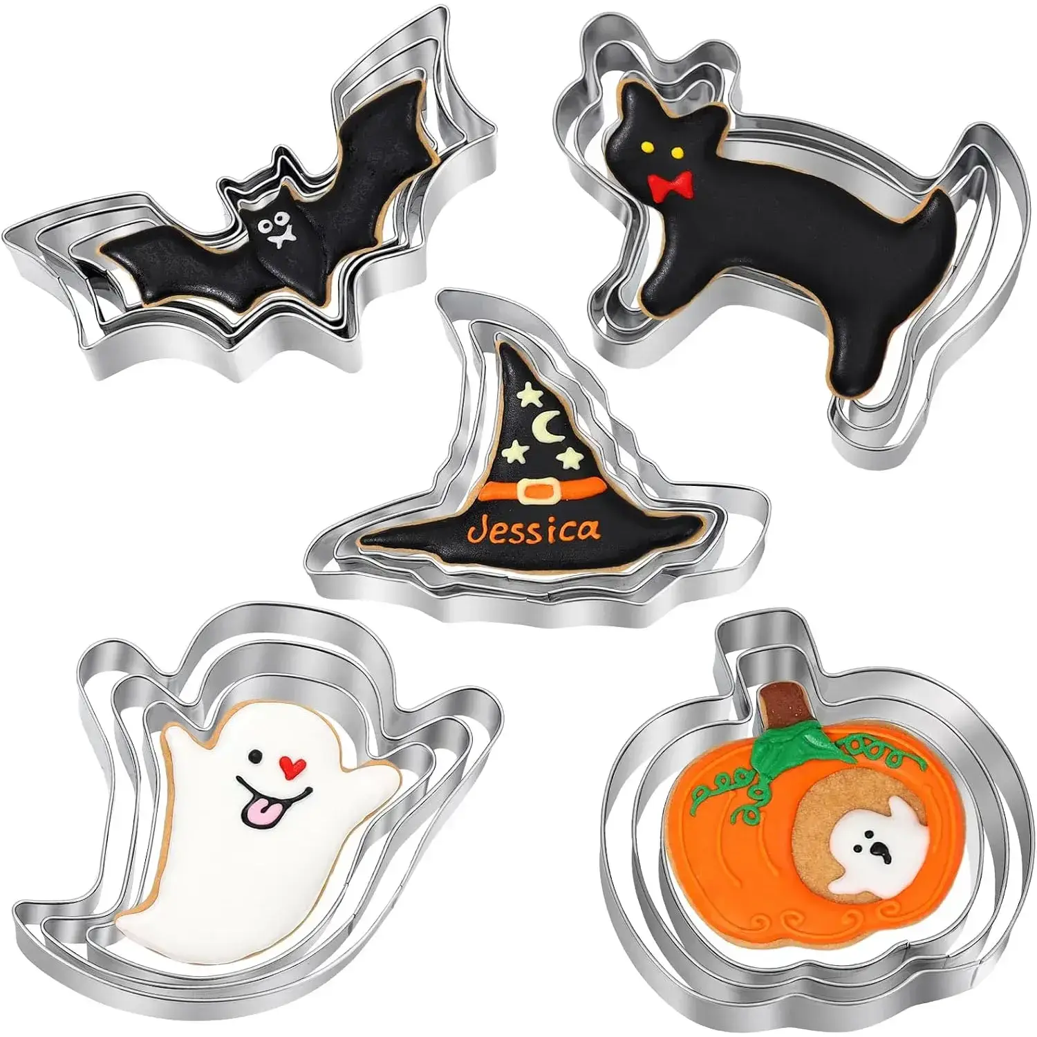 Halloween Cookie Cutters Set - 15 Pcs Stainless Steel Holiday Cookie Cutter with 5 Shapes - Pumpkin, Ghost, Bat, Cat and Witch's Hat Cookie Molds for Halloween Food Party Decorations