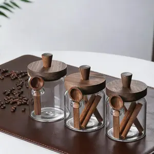 Glass Storage Jars with Wooden Lid & Spoon Set Airtight Kitchen Canisters for Coffee Beans Grains Snacks Clear Sealed Containers for Pantry Organization Countertop Decor