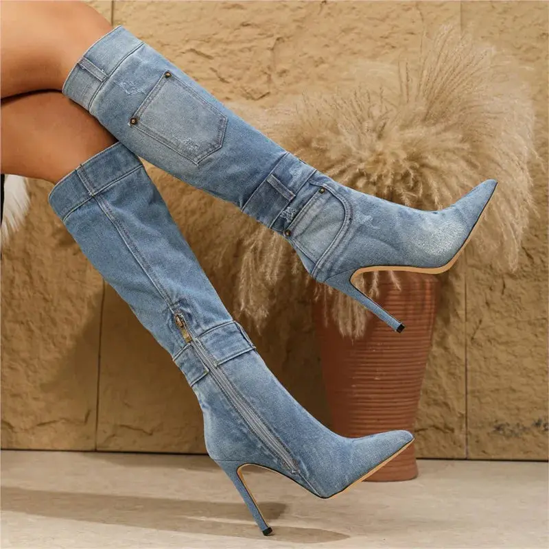 New High Quality Pointed Toe Women's Denim Stiletto Boots Zipper High Heeled Knee High Boots Sexy Woman Shoes for Party Winter Party Footwear Bota Creeper
