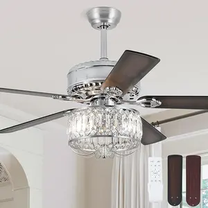 Kviflon Farmhouse Crystal Ceiling Fans with Lights and Remote, 52 Inch Chandelier Ceiling Fans, Chrome Fandelier Ceiling Fan for Bedroom Living Room, Quiet DC Motor, Reversible, Bulb not Included