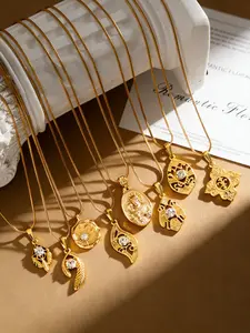 Vintage Pendant Necklace, Stainless Steel, Engraved and Rhinestone Decor, Religious and Natural Design, Daily High-End Style