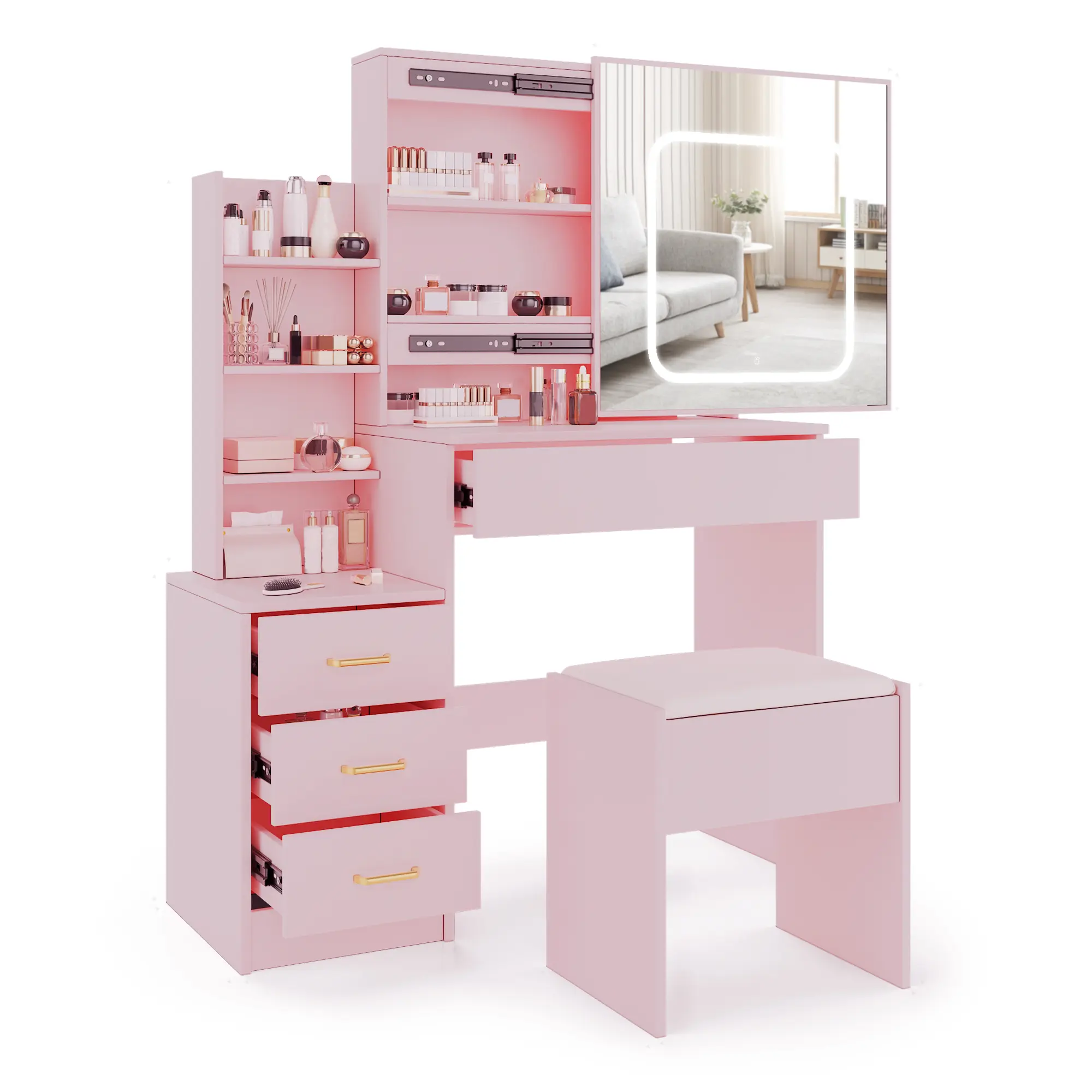 LED Vanity Desk with Sliding Mirror – Makeup Table with Power Outlet, 4 Drawers & 3-Color Lighting