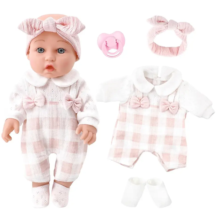 12-inch Reborn Baby Doll with Matching Grid Outfit，Paired with pacifiers，Halloween/Thanksgiving / Christmas gifts, Clothes For Dolls, Dress Up Dolls