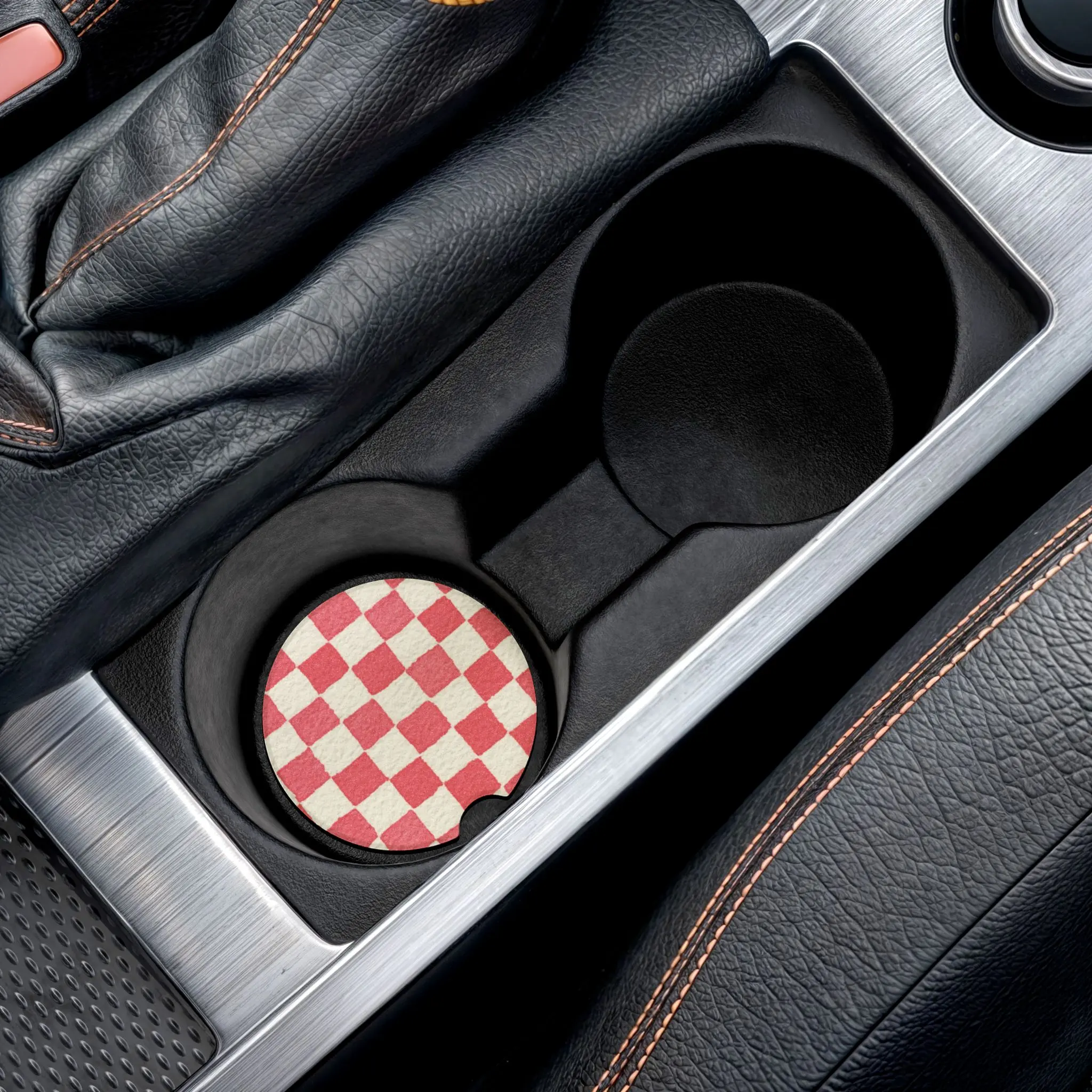 Red Checkerboard Soapstone Round Car Coasters, 4-Piece Compact Set, 2.6"x2.6" Matte Print, Textured Hand-Carved Feel, Thumb Notch, Removable Sticker, Absorbs Condensation, Easy Removal for Cup Holder Cleanliness on Daily Drives
