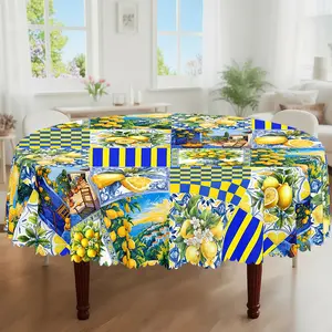 1pc, Spring Summer Themed Party Tablecloth, Buffalo Check Lemon Patchwork Style Printed Design, Rectangular/Round/Oval Table Cloth, Embossed Edge, Kitchen Dining Outdoor Picnics Dinner Decor Ideal